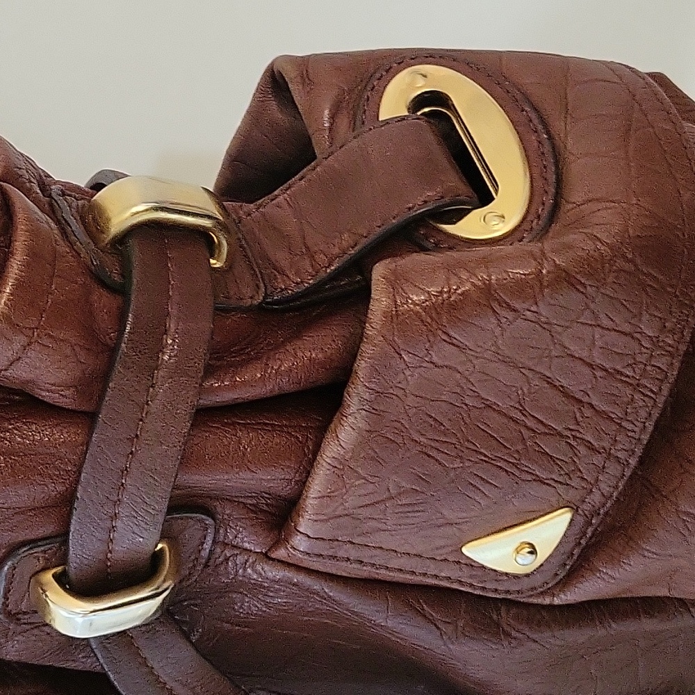 B. Makowsky Brown Mahogany Leather Belted Shoulder Satchel Bag - Picture 7 of 12